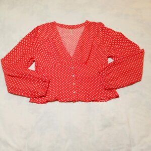 Free people Women's Blouse Red Polka Dot Size L Long Sleeve Made In Turkey